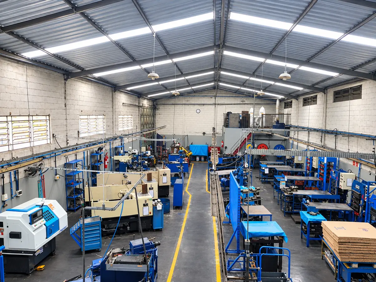 Vista do alto da fábrica da Newtec Borrachas, com tornos CNC, prensas de vulcanização e bancadas de montagem